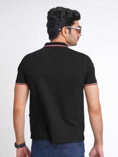 Black Plain Contrast Tipping Half Sleeves Polo T-Shirt (POLO-595)