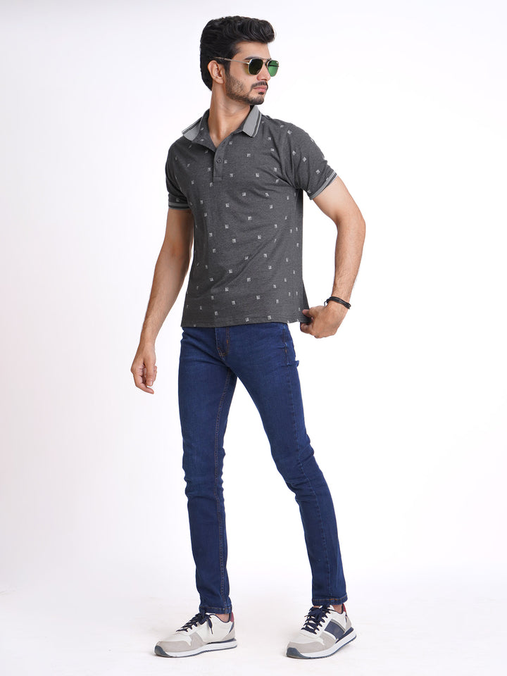 Charcoal Grey Half Sleeves Contrast Printed Polo T-Shirt (POLO-622)