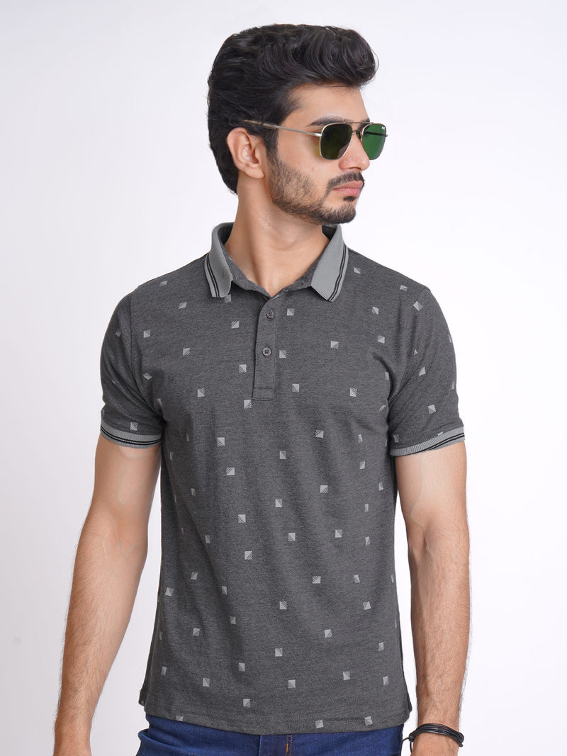 Charcoal Grey Half Sleeves Contrast Printed Polo T-Shirt (POLO-622)