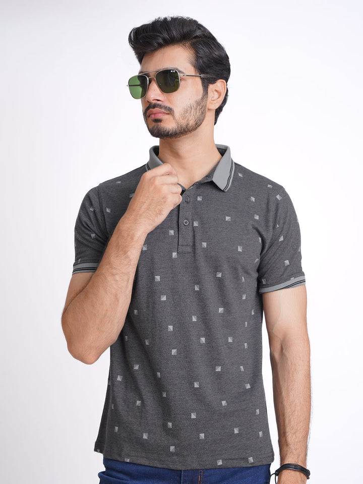 Charcoal Grey Half Sleeves Contrast Printed Polo T-Shirt (POLO-622)