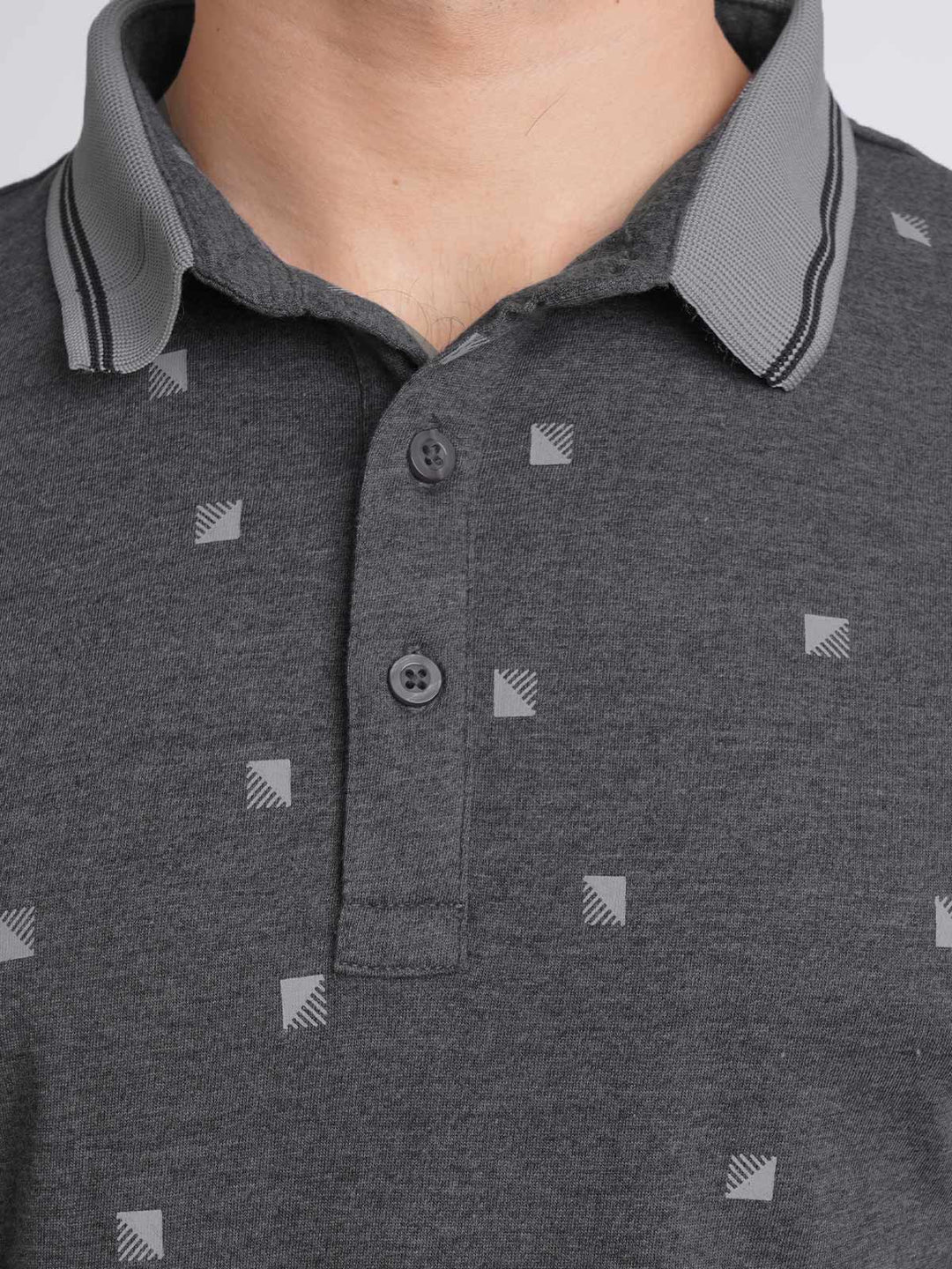 Charcoal Grey Half Sleeves Contrast Printed Polo T-Shirt (POLO-622)