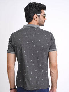 Charcoal Grey Half Sleeves Contrast Printed Polo T-Shirt (POLO-622)