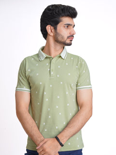 Light Green Half Sleeves Contrast Printed Polo T-Shirt (POLO-623)