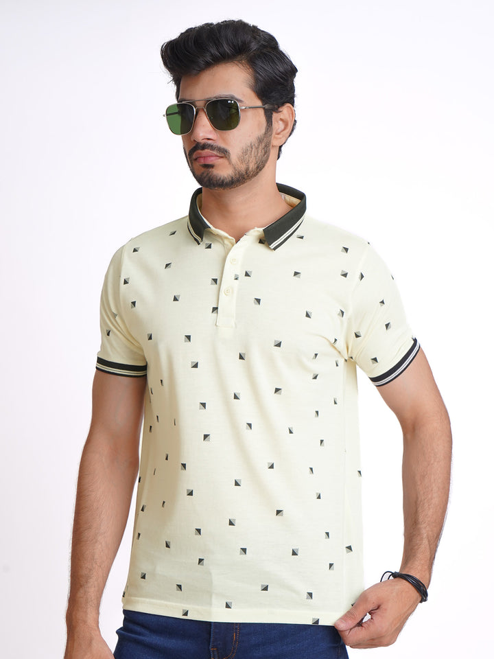 Cream Half Sleeves Contrast Printed Polo T-Shirt (POLO-624)