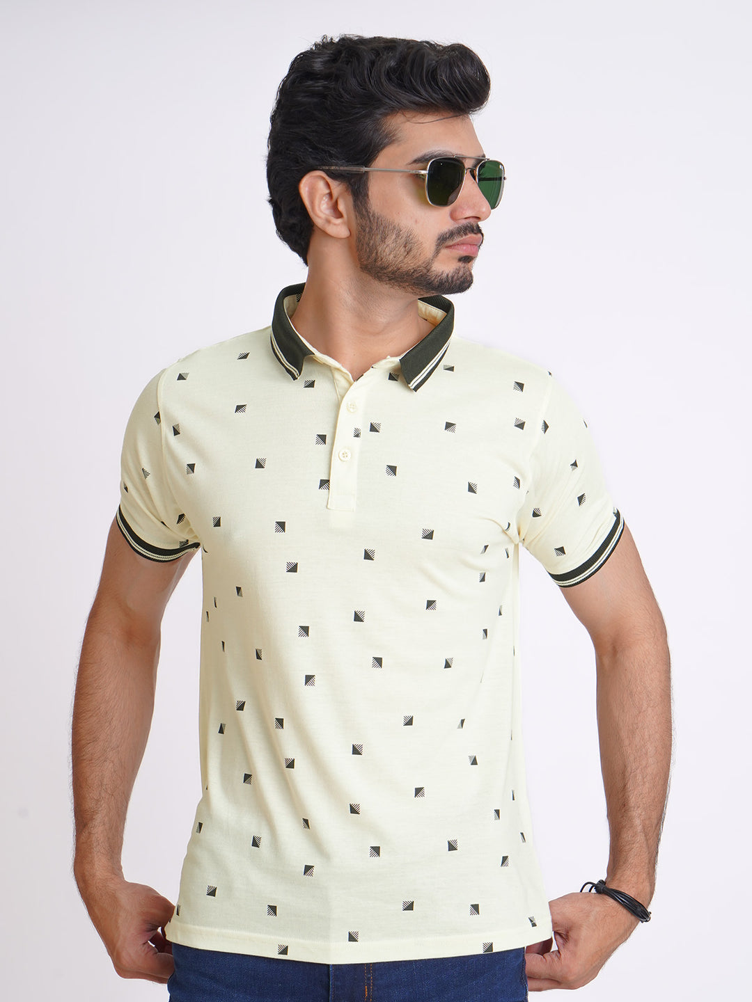 Cream Half Sleeves Contrast Printed Polo T-Shirt (POLO-624)