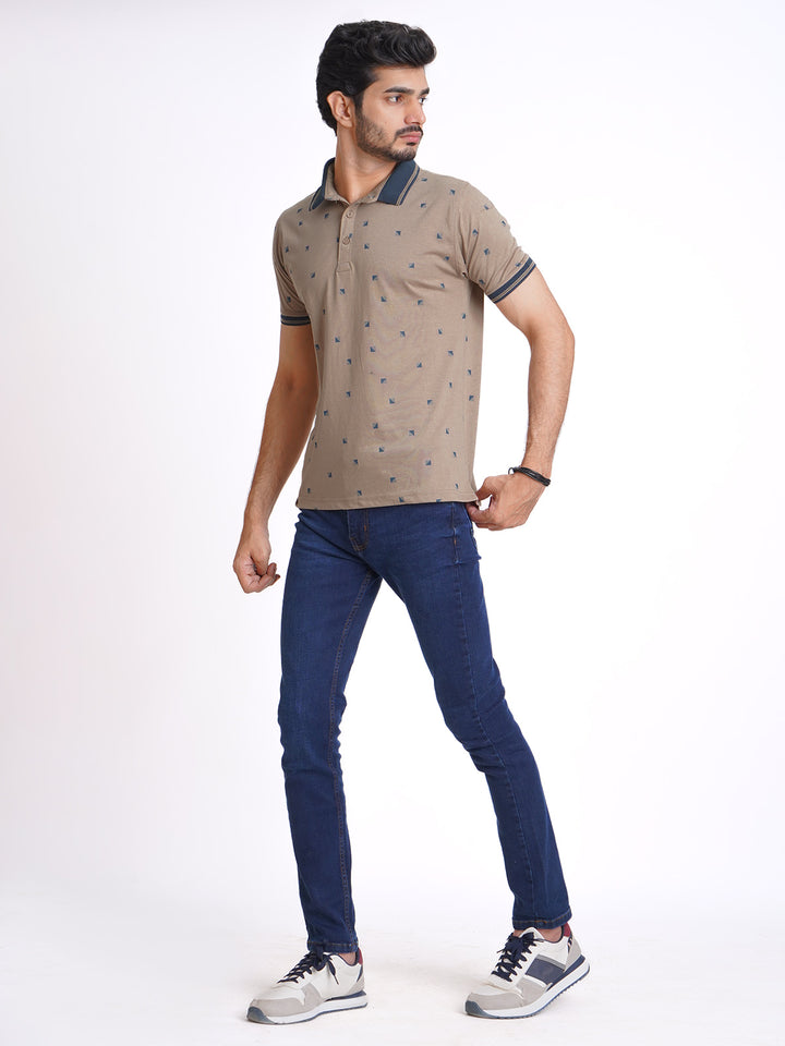 Khaki Half Sleeves Contrast Printed Polo T-Shirt (POLO-625)