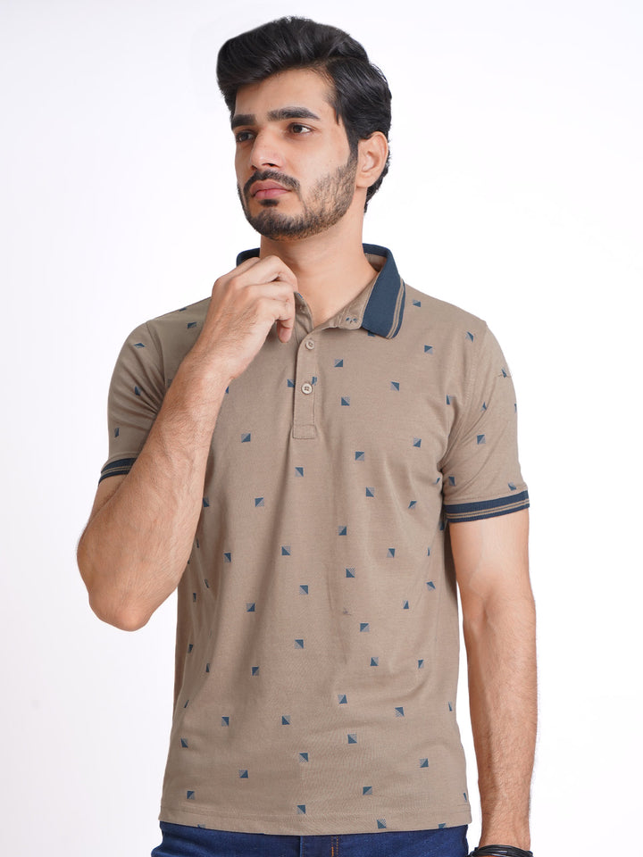 Khaki Half Sleeves Contrast Printed Polo T-Shirt (POLO-625)