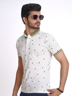 White Half Sleeves Contrast Printed Polo T-Shirt (POLO-626)