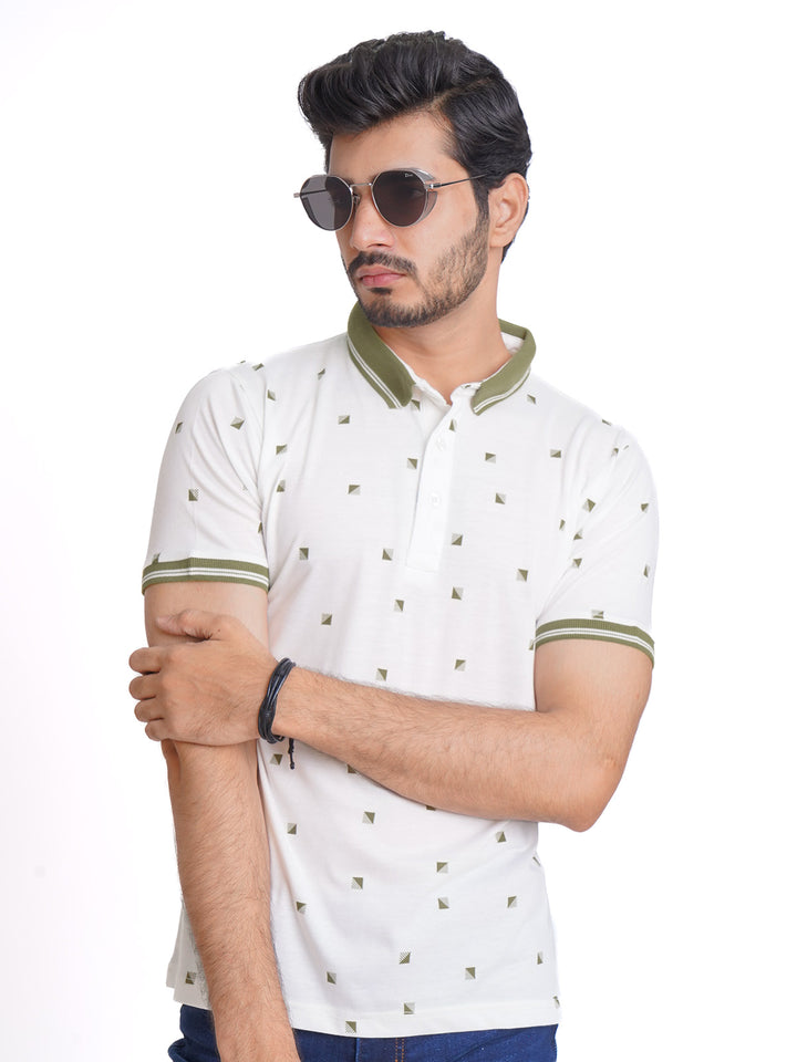 White Half Sleeves Contrast Printed Polo T-Shirt (POLO-626)