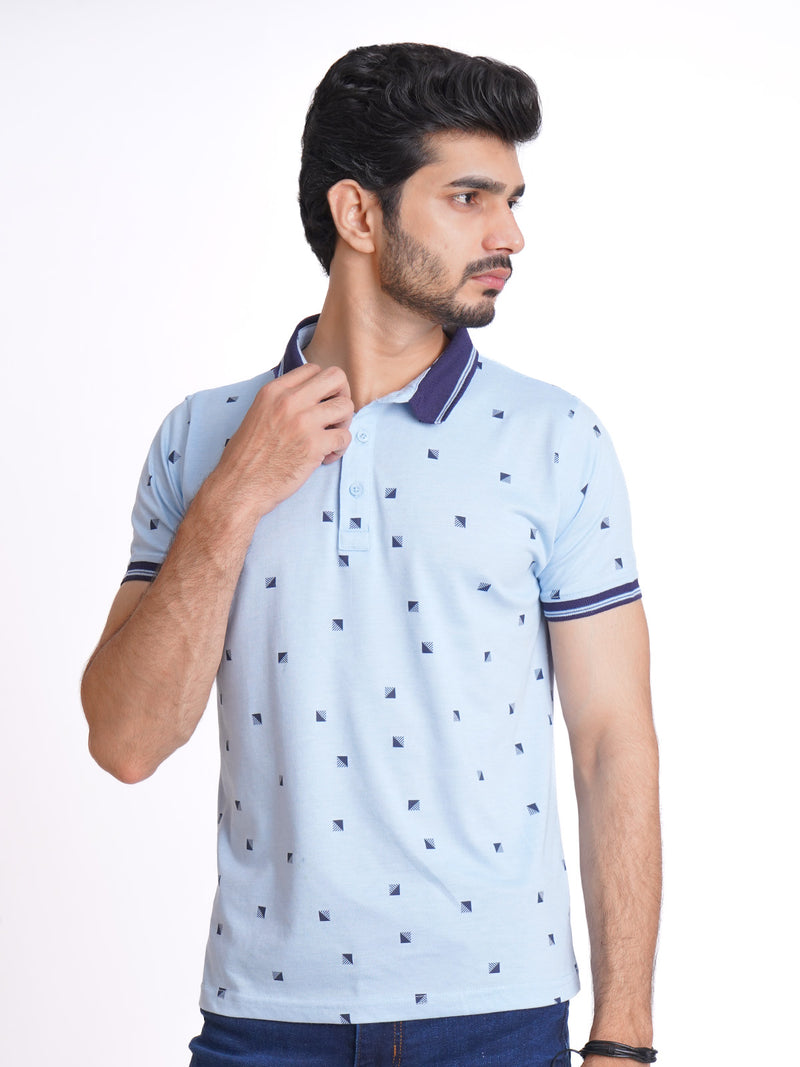 Light Blue Half Sleeves Contrast Printed Polo T-Shirt (POLO-627)