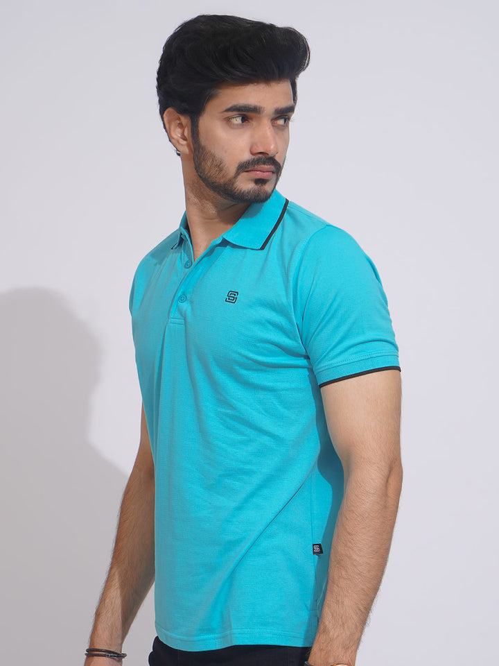 Blue Capri Contrast Tipping Half Sleeves Cotton Jersey Polo T-Shirt (POLO-633)