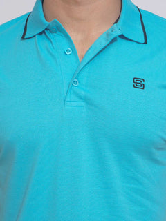 Blue Capri Contrast Tipping Half Sleeves Cotton Jersey Polo T-Shirt (POLO-633)