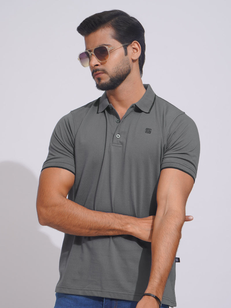 Charcoal Grey Contrast Tipping Half Sleeves Cotton Jersey Polo T-Shirt (POLO-636)