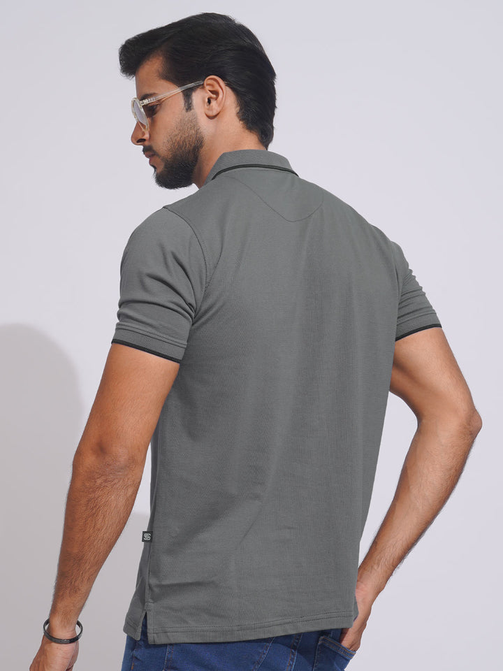 Charcoal Grey Contrast Tipping Half Sleeves Cotton Jersey Polo T-Shirt (POLO-636)