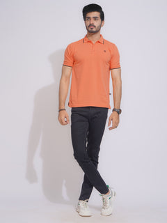 Tangerine Contrast Tipping Half Sleeves Cotton Jersey Polo T-Shirt (POLO-637)