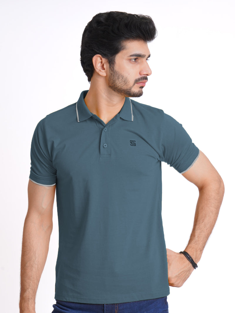 Deep Teal Contrast Tipping Half Sleeves Cotton Jersey Polo T-Shirt (POLO-638)