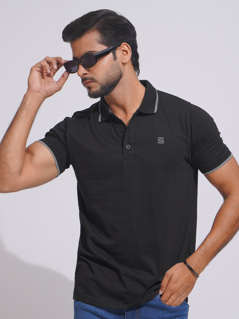 Black Contrast Tipping Half Sleeves Cotton Jersey Polo T-Shirt (POLO-639)