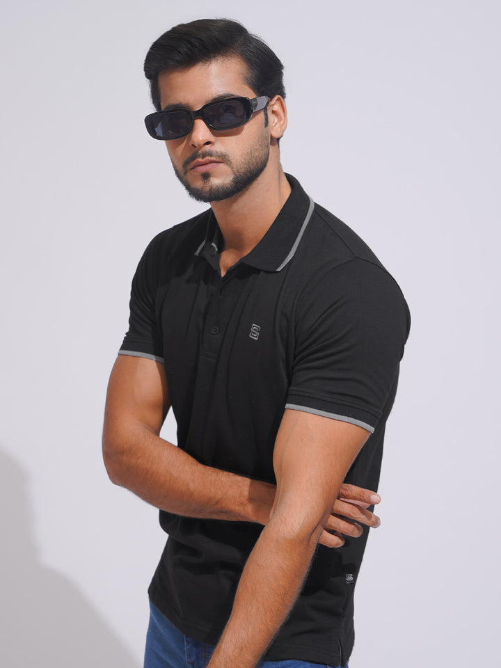 Black Contrast Tipping Half Sleeves Cotton Jersey Polo T-Shirt (POLO-639)