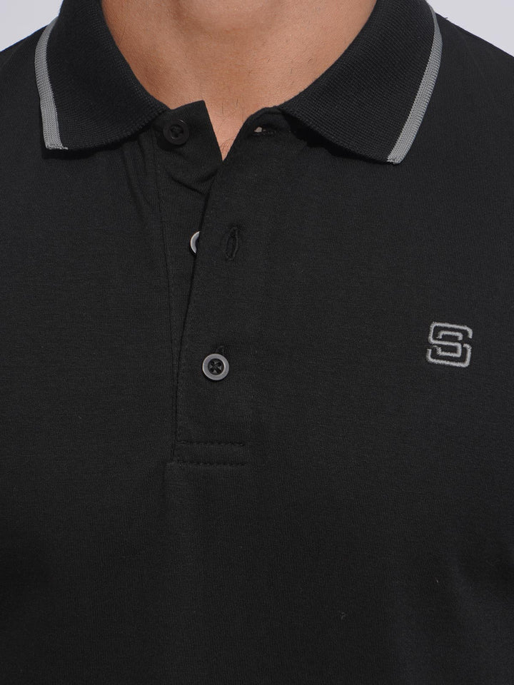 Black Contrast Tipping Half Sleeves Cotton Jersey Polo T-Shirt (POLO-639)