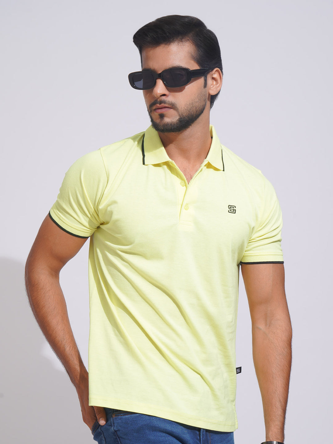 Lemon Contrast Tipping Half Sleeves Cotton Jersey Polo T-Shirt (POLO-640)