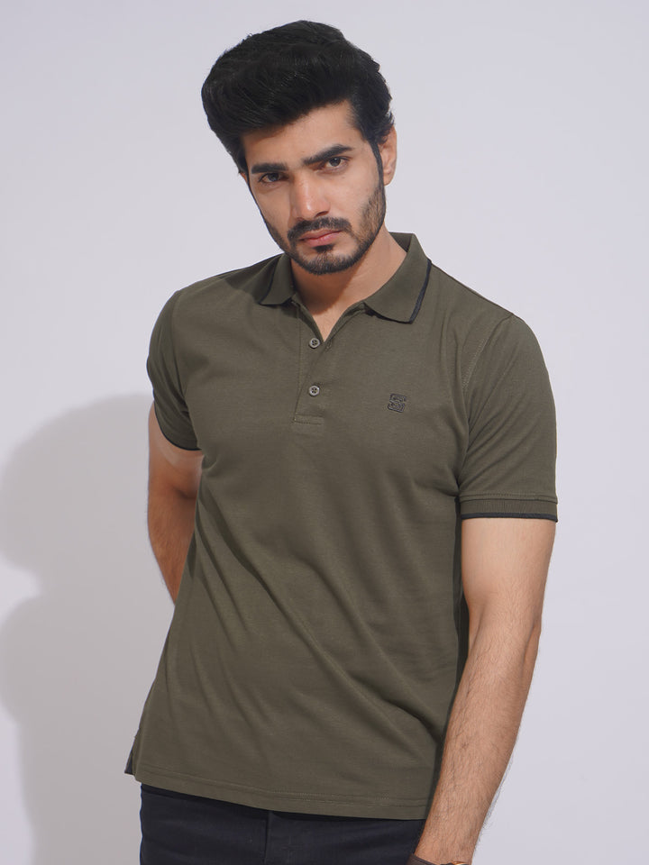 Green Contrast Tipping Half Sleeves Cotton Jersey Polo T-Shirt (POLO-641)