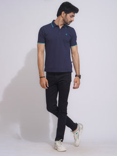 Navy Blue Contrast Tipping Half Sleeves Cotton Jersey Polo T-Shirt (POLO-642)