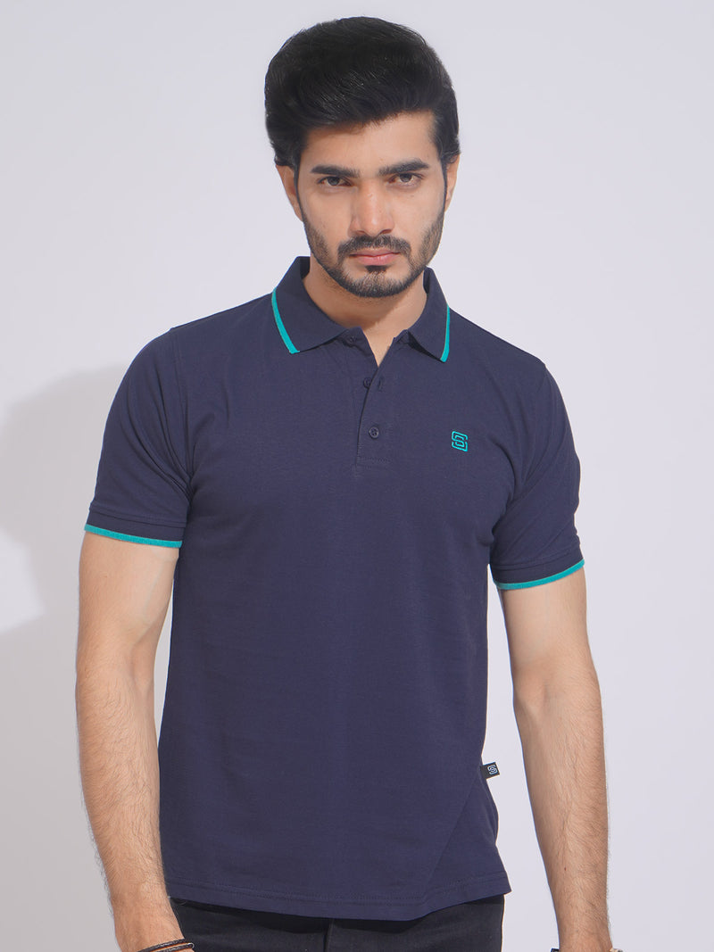 Navy Blue Contrast Tipping Half Sleeves Cotton Jersey Polo T-Shirt (POLO-642)