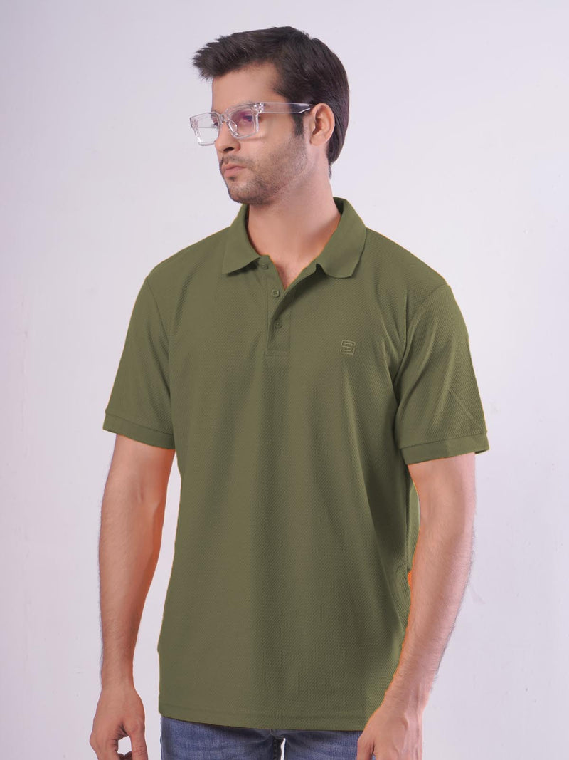 Olive Green Textured Half Sleeves Popcorn Polo T-Shirt (POLO-665)