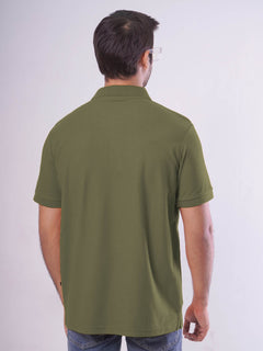 Olive Green Textured Half Sleeves Popcorn Polo T-Shirt (POLO-665)