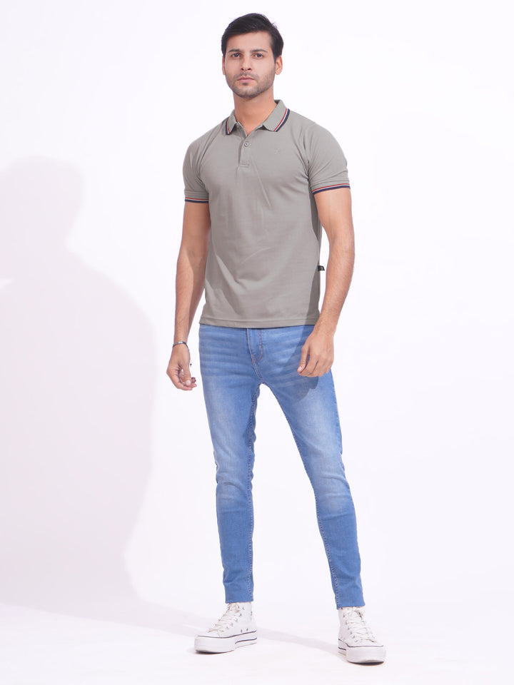 Grey Plain Contrast Tipping Half Sleeves Polo T-Shirt (POLO-682)