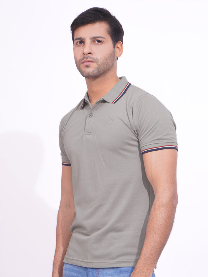 Grey Plain Contrast Tipping Half Sleeves Polo T-Shirt (POLO-682)