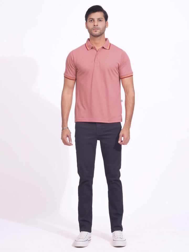 Tea Pink Plain Contrast Tipping Half Sleeves Polo T-Shirt (POLO-685)