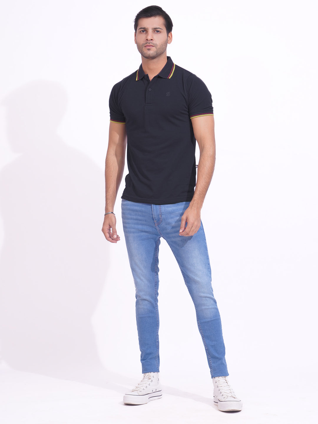 Navy Blue Plain Contrast Tipping Half Sleeves Polo T-Shirt (POLO-687)