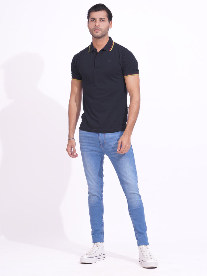 Navy Blue Plain Contrast Tipping Half Sleeves Polo T-Shirt (POLO-687)