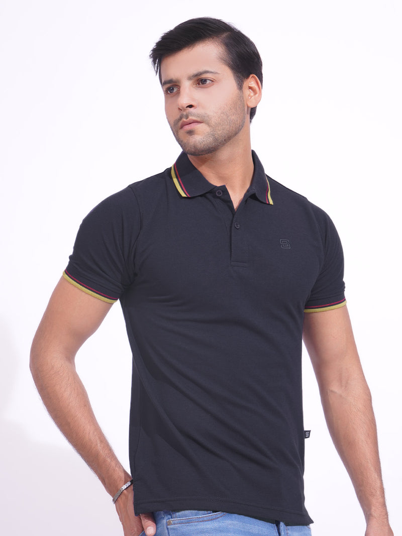 Navy Blue Plain Contrast Tipping Half Sleeves Polo T-Shirt (POLO-687)