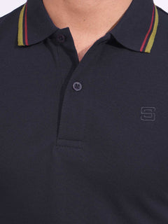 Navy Blue Plain Contrast Tipping Half Sleeves Polo T-Shirt (POLO-687)