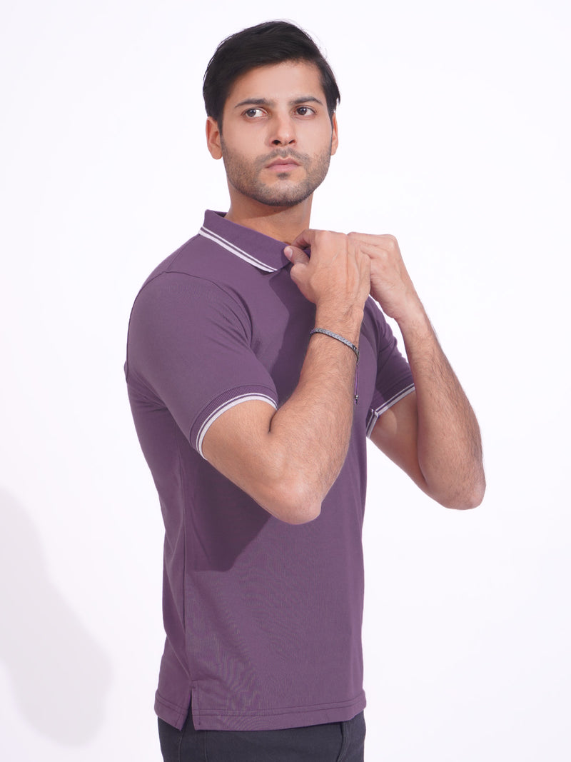 Purple Contrast Tipping Half Sleeves Cotton Jersey Polo T-Shirt (POLO-692)