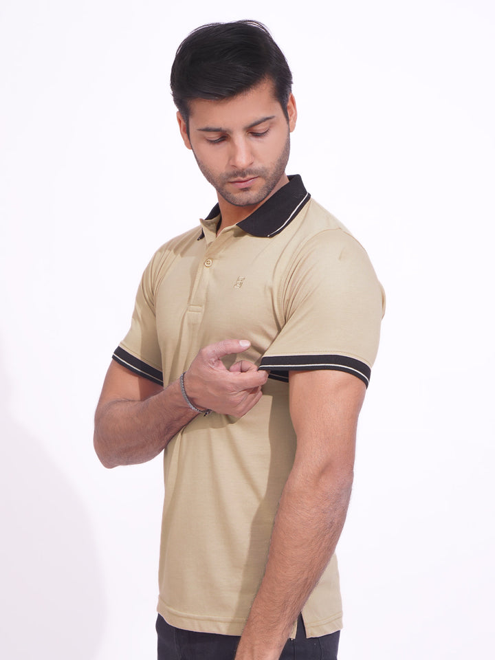 Coffee Cream Contrast Tipping Half Sleeves Cotton Jersey Polo T-Shirt (POLO-697)