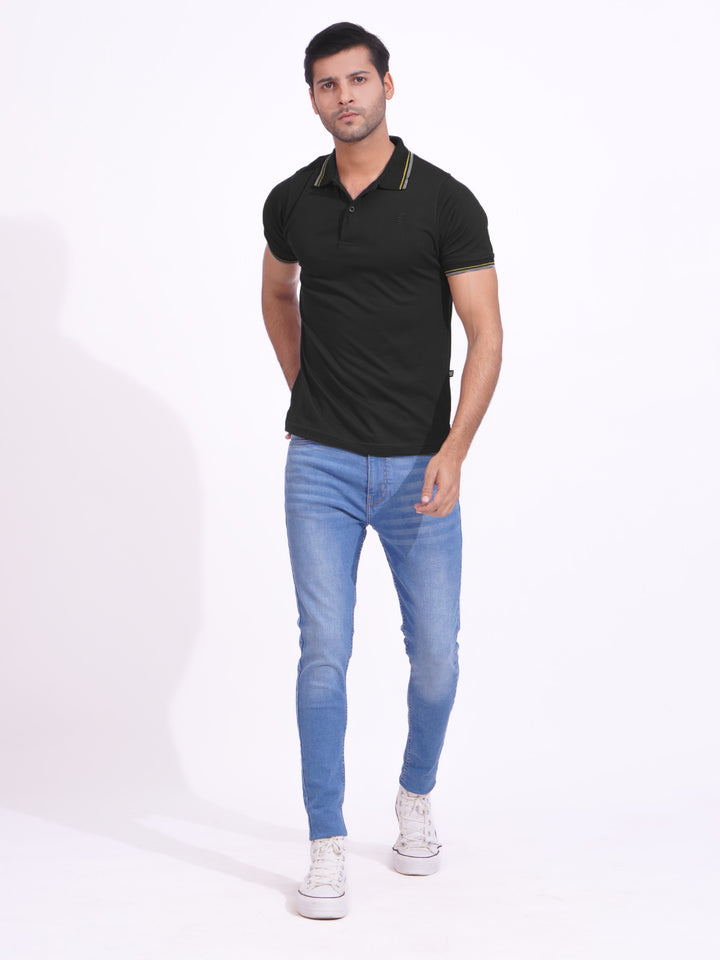 Black Plain Contrast Tipping Half Sleeves Polo T-Shirt (POLO-701)