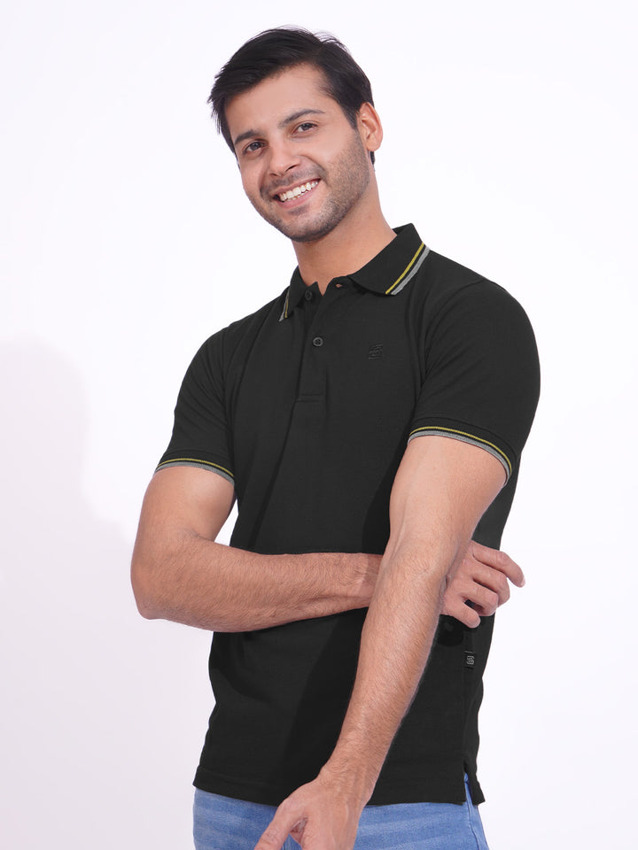 Black Plain Contrast Tipping Half Sleeves Polo T-Shirt (POLO-701)