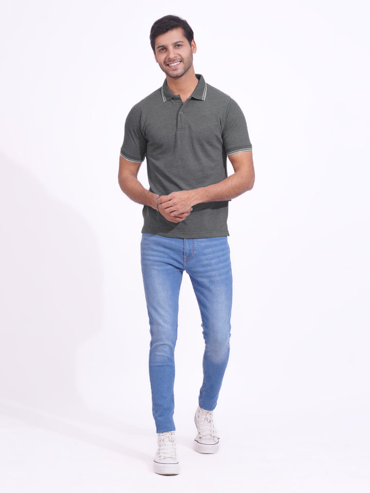 Charcoal Plain Contrast Tipping Half Sleeves Polo T-Shirt (POLO-708)