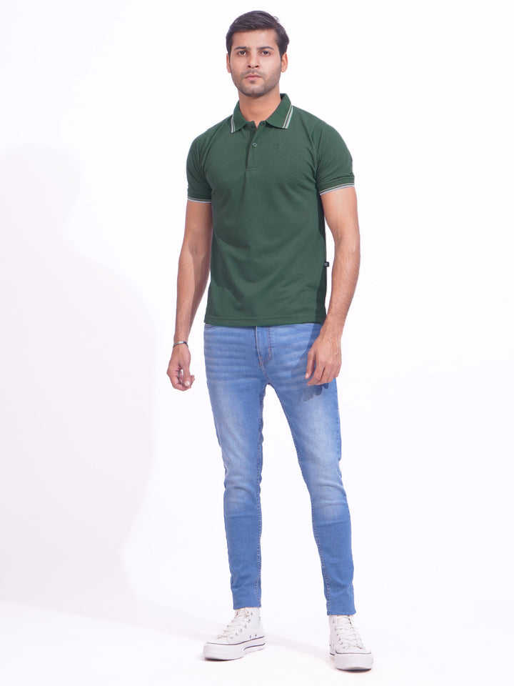 Dark Green Plain Contrast Tipping Half Sleeves Polo T-Shirt (POLO-709)