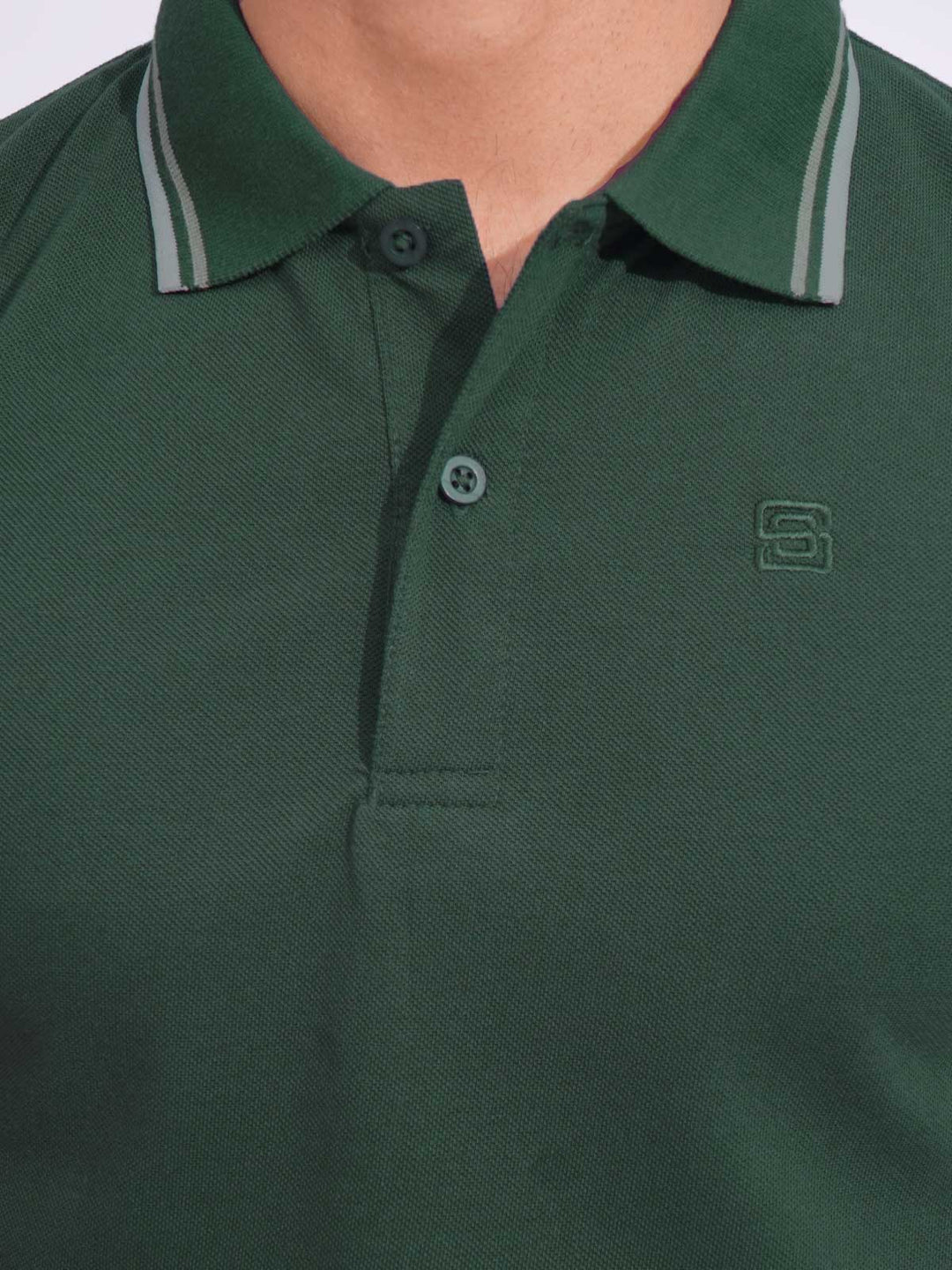 Dark Green Plain Contrast Tipping Half Sleeves Polo T-Shirt (POLO-709)