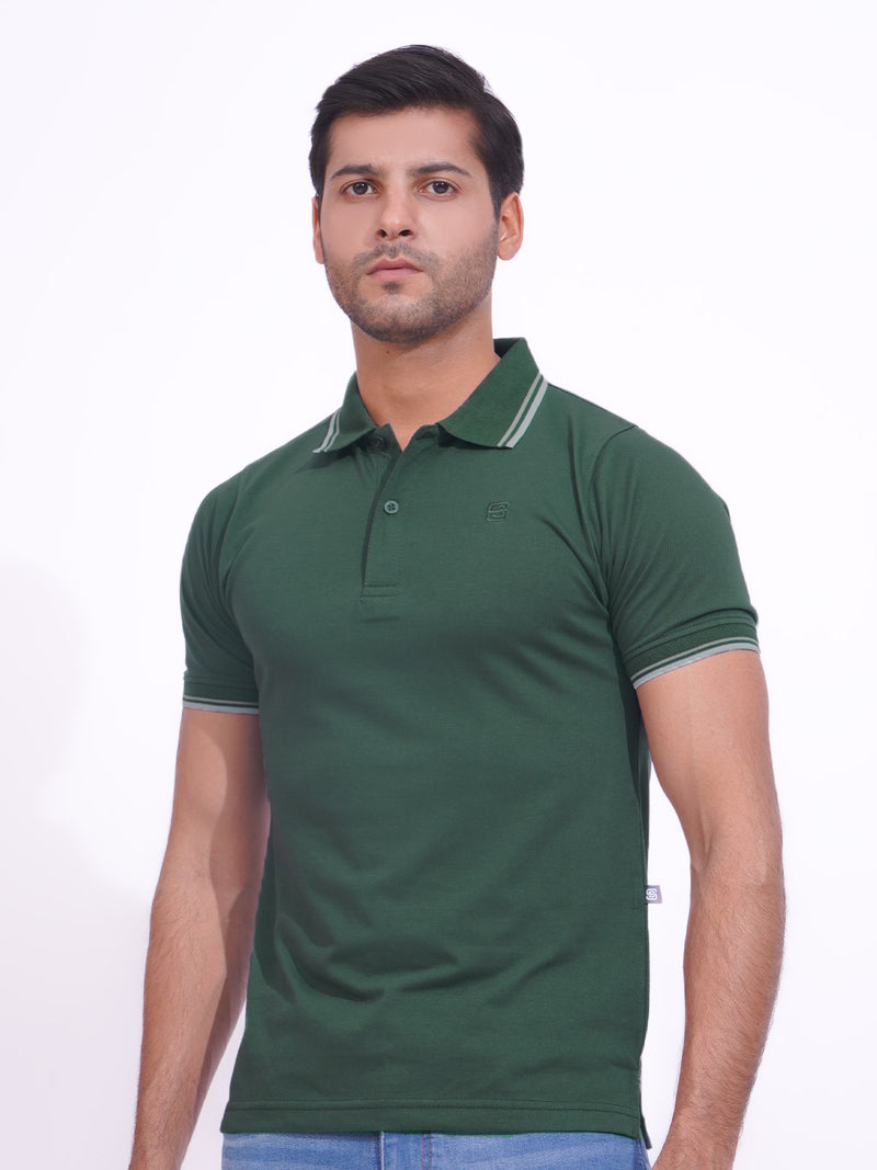 Dark Green Contrast Tipping Half Sleeves Cotton Jersey Polo T-Shirt (POLO-711)