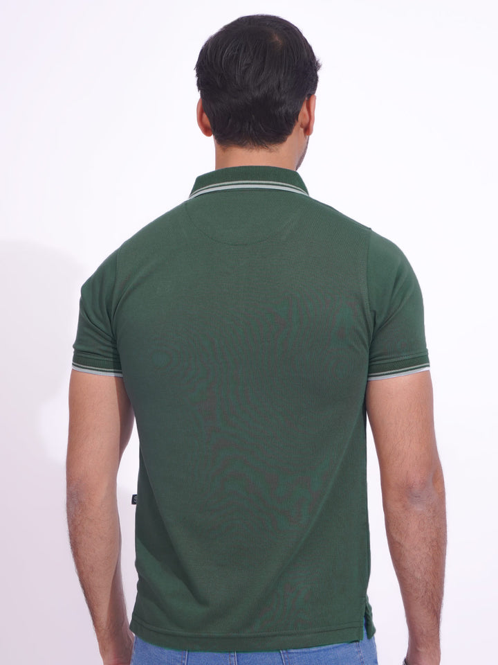 Dark Green Contrast Tipping Half Sleeves Cotton Jersey Polo T-Shirt (POLO-711)