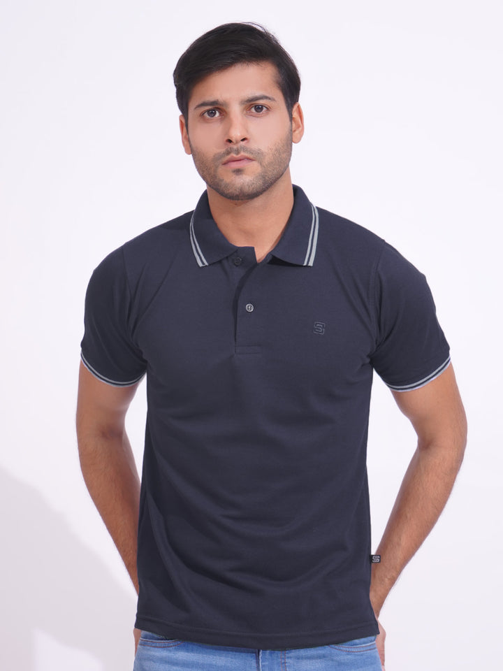 Navy Blue Plain Contrast Tipping Half Sleeves Polo T-Shirt (POLO-715)