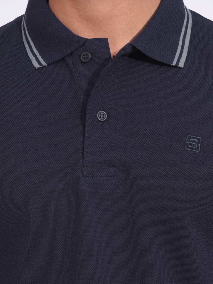 Navy Blue Plain Contrast Tipping Half Sleeves Polo T-Shirt (POLO-715)