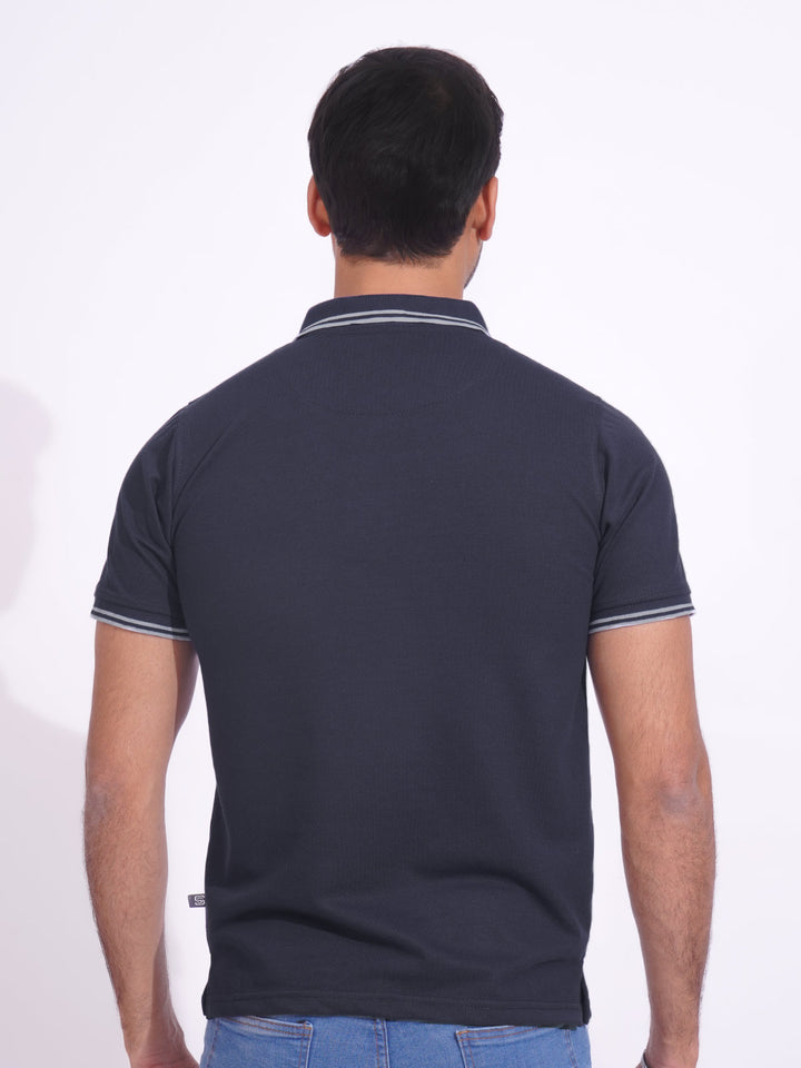 Navy Blue Plain Contrast Tipping Half Sleeves Polo T-Shirt (POLO-715)