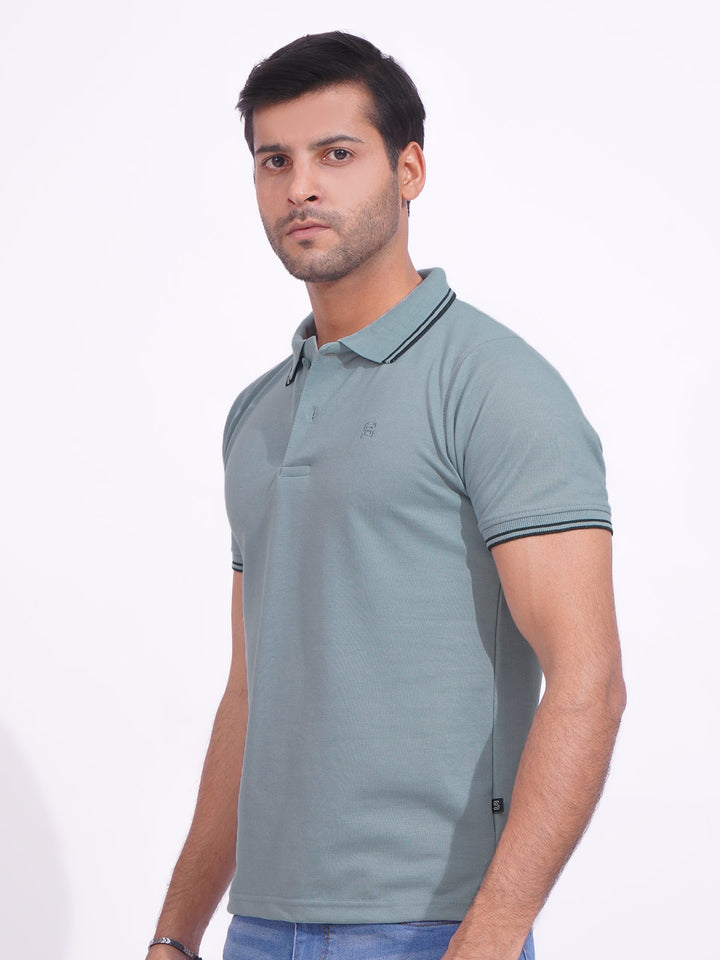 Light Blue Plain Contrast Tipping Half Sleeves Polo T-Shirt (POLO-717)