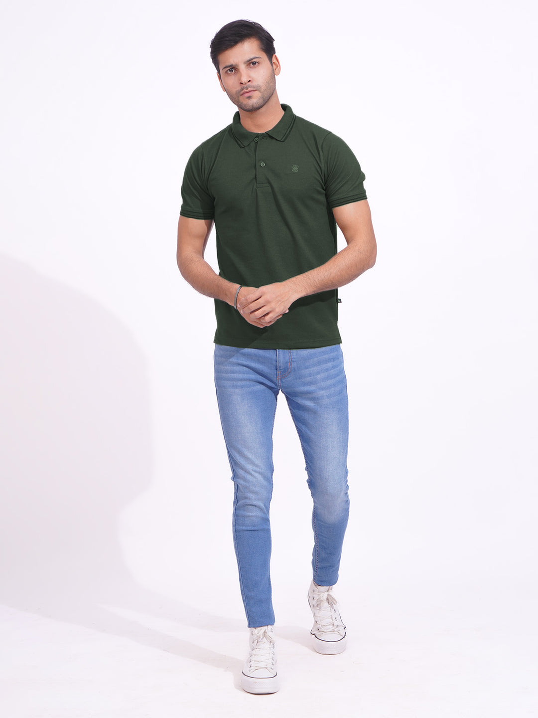 Dark Green Plain Contrast Tipping Half Sleeves Polo T-Shirt (POLO-718)